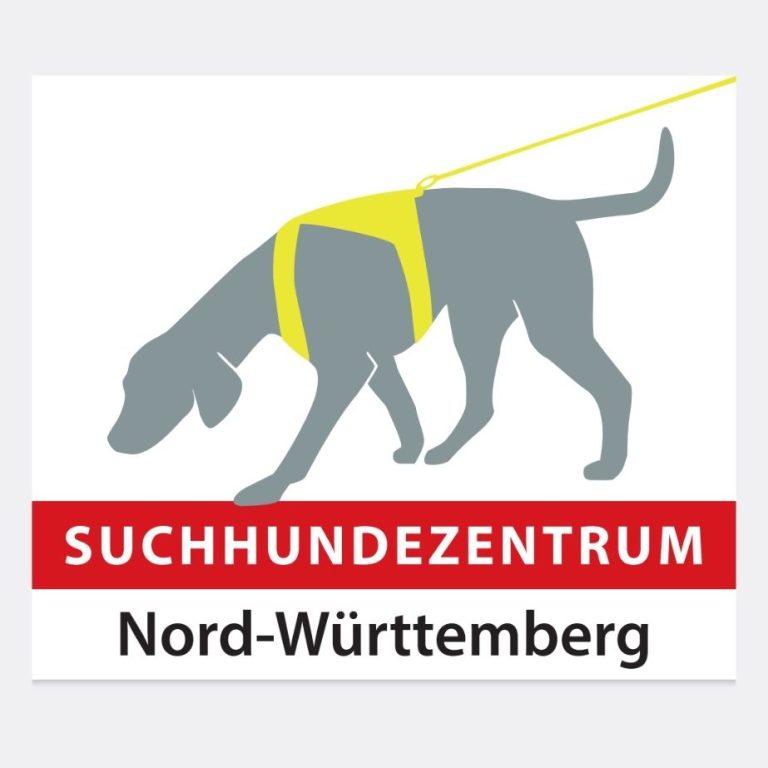 Logo eines Suchhundezentrums mit einem Hund, der ein Suchgeschirr trägt.